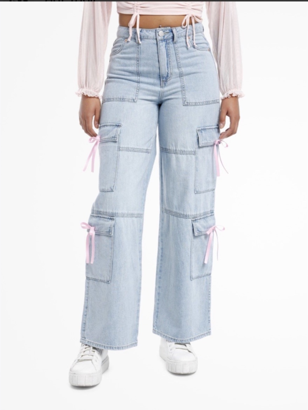 Vanilla Star Pink Bow Wide Leg Cargo Jeans Heart Pockets Coquette Girlhoodcore